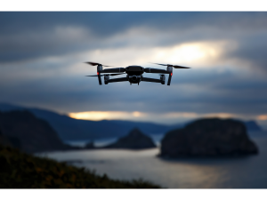 A drone flies over a riverbend surrounded by mountains.